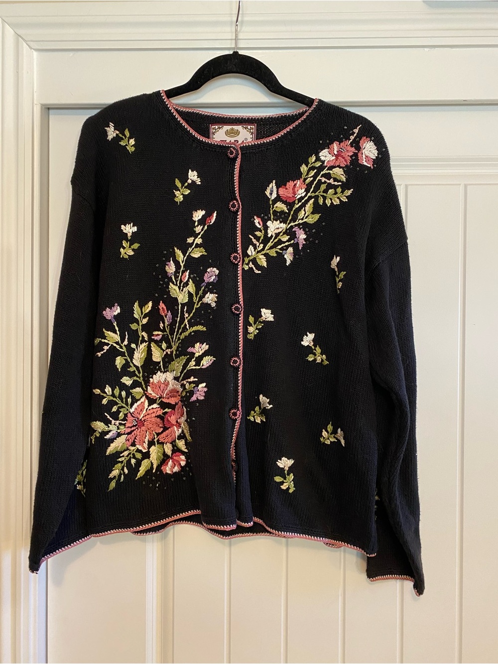 Vintage Black Floral Embroidered Button-Front Sweater Cardigan